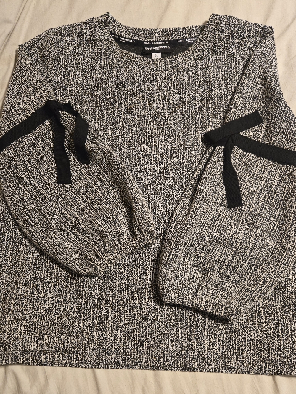 Karl Lagerfeld Paris Textured Knit Blouse Black White Balloon Sleeve Bow Top Siz